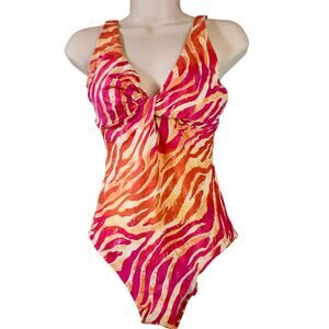 Carmen Marc Valvo Women's One Piece Swimsuit Orange and Pink Zebra Print Size 12